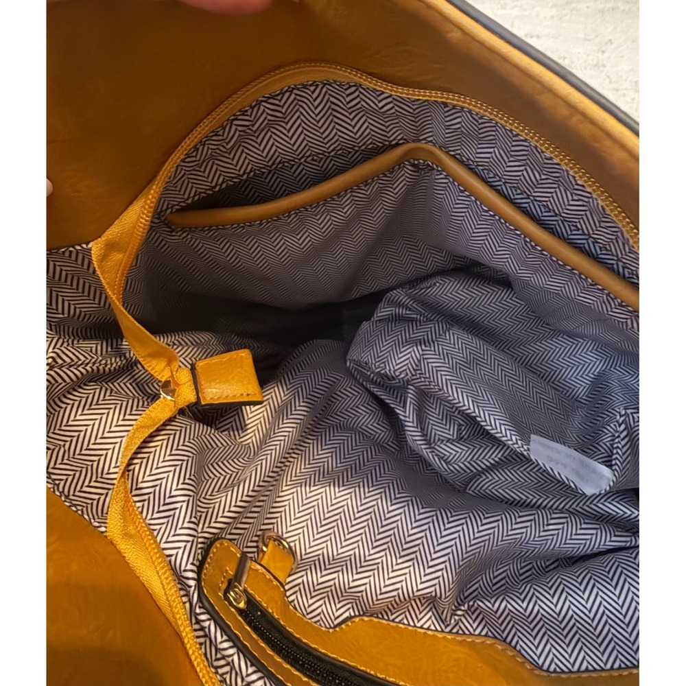 Slate Blue and Mustard Yellow Vegan Leather Hobo Bag with Chevron Lining - Picture 2 of 7